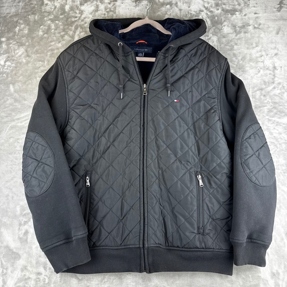 Tommy Hilfiger Hybrid Jacket Men Large Black Quilted Fleece‎ Faux Fur (1555)
